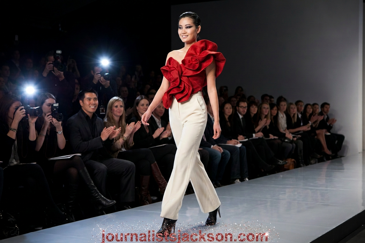 Model in red ruffled top and white pants walking runway with applauding audience and photographers